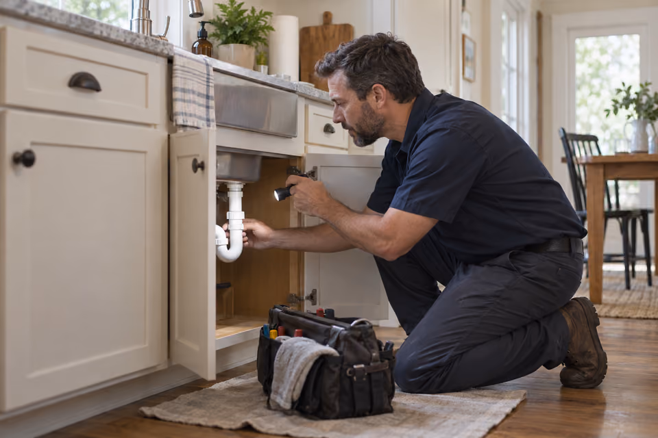 Plumber inspecting the connections beneath a kitchen sink.