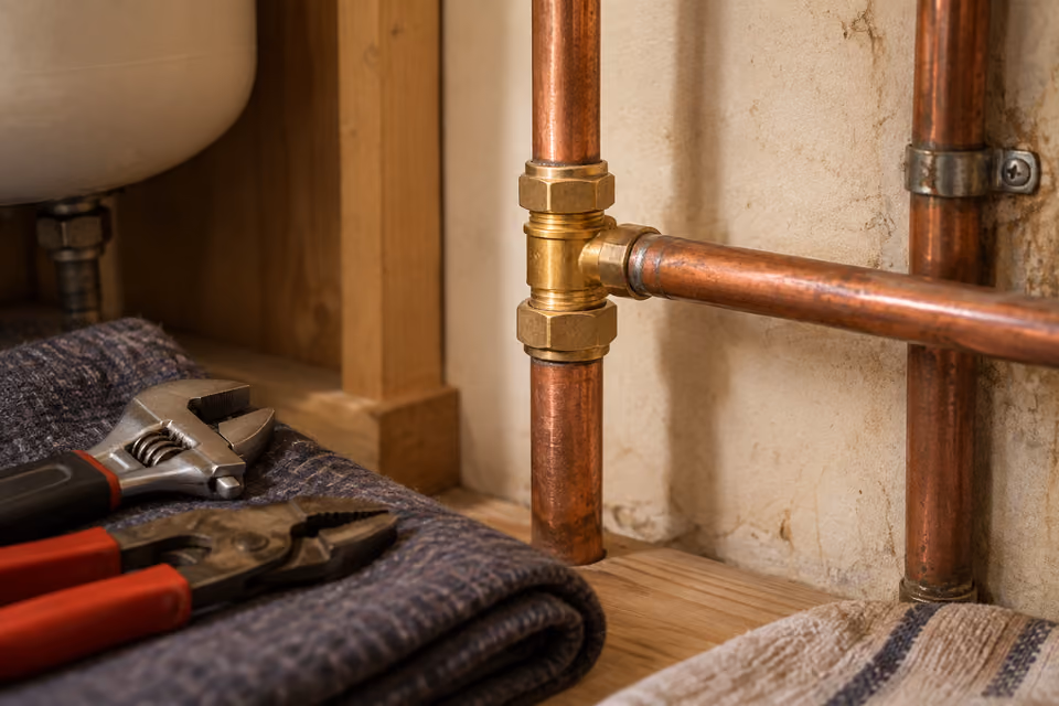 Copper water pipe and brass fitting in an accessible cupboard.