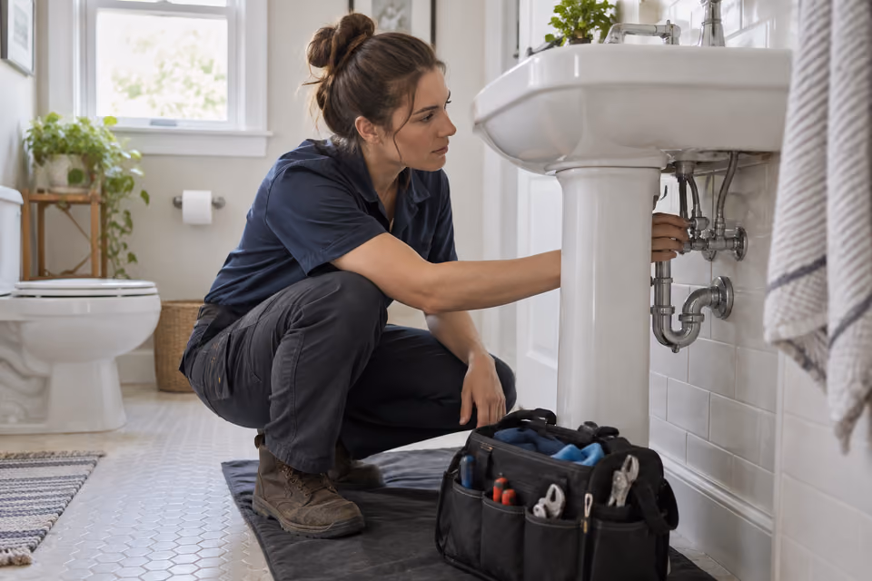 Plumber inspecting the connections beside a pedestal sink.