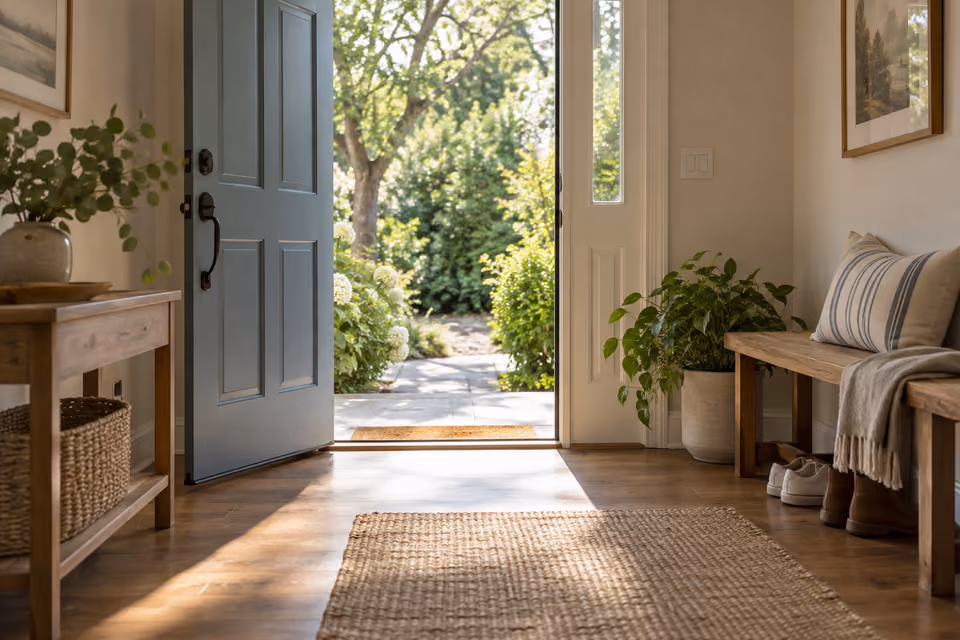 Welcoming front entrance opening onto a leafy garden.
