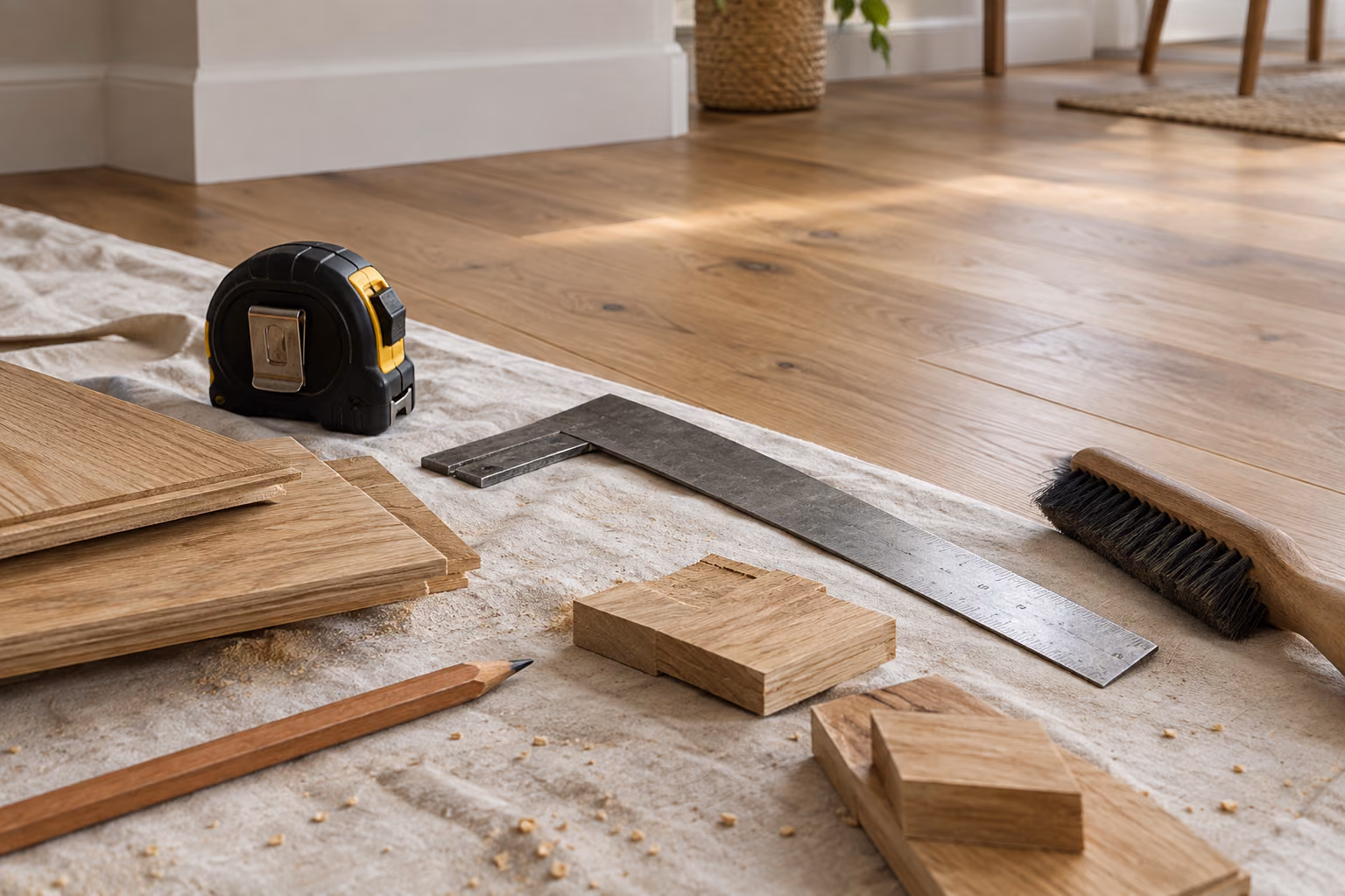 Floor fitting tools and wood offcuts arranged on a protected surface.