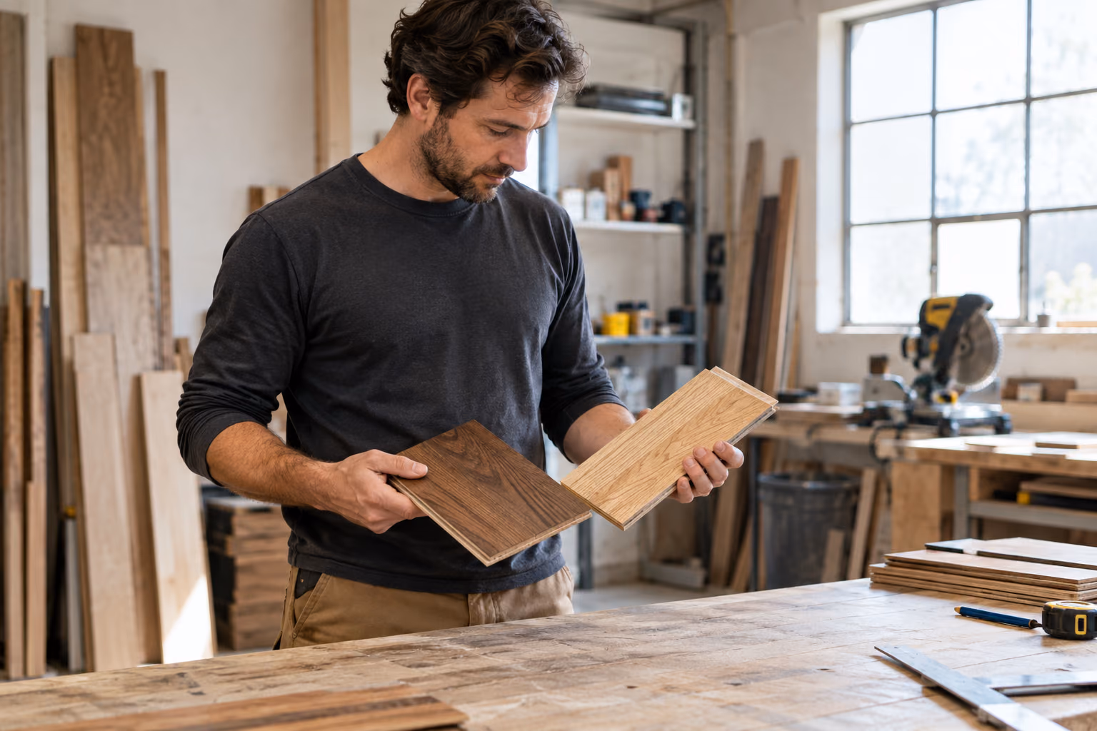 A flooring specialist considering wood samples at a worktable.