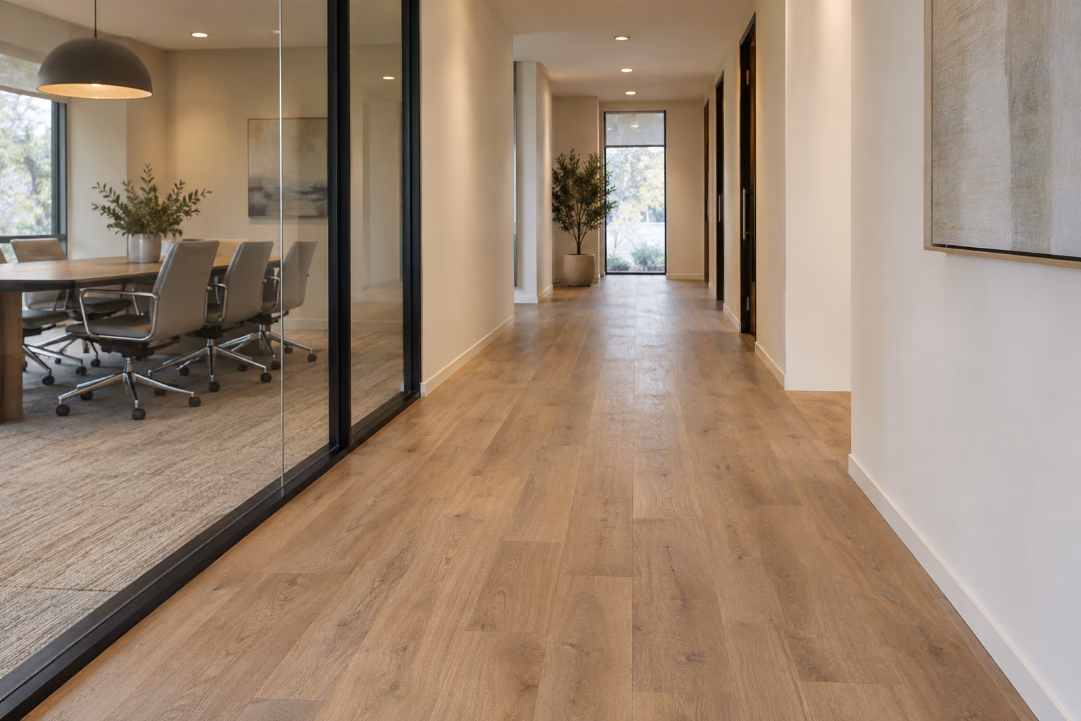 Wood-look flooring in a bright office corridor.