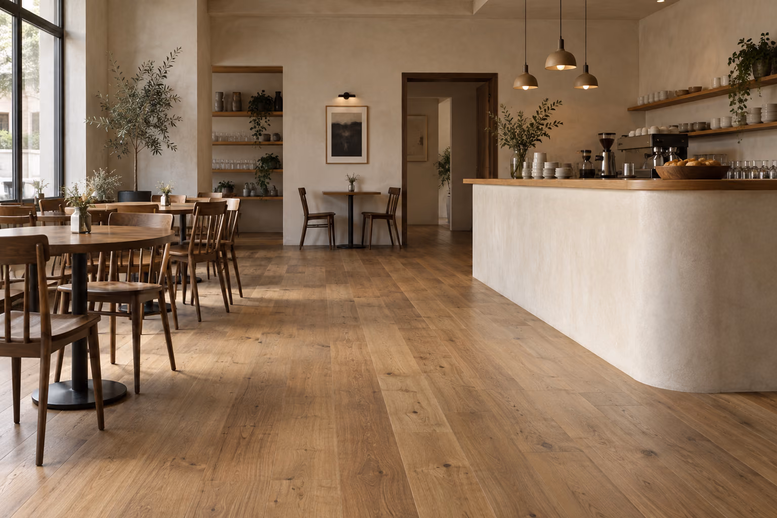 Wood flooring through a small cafe with simple tables and chairs.