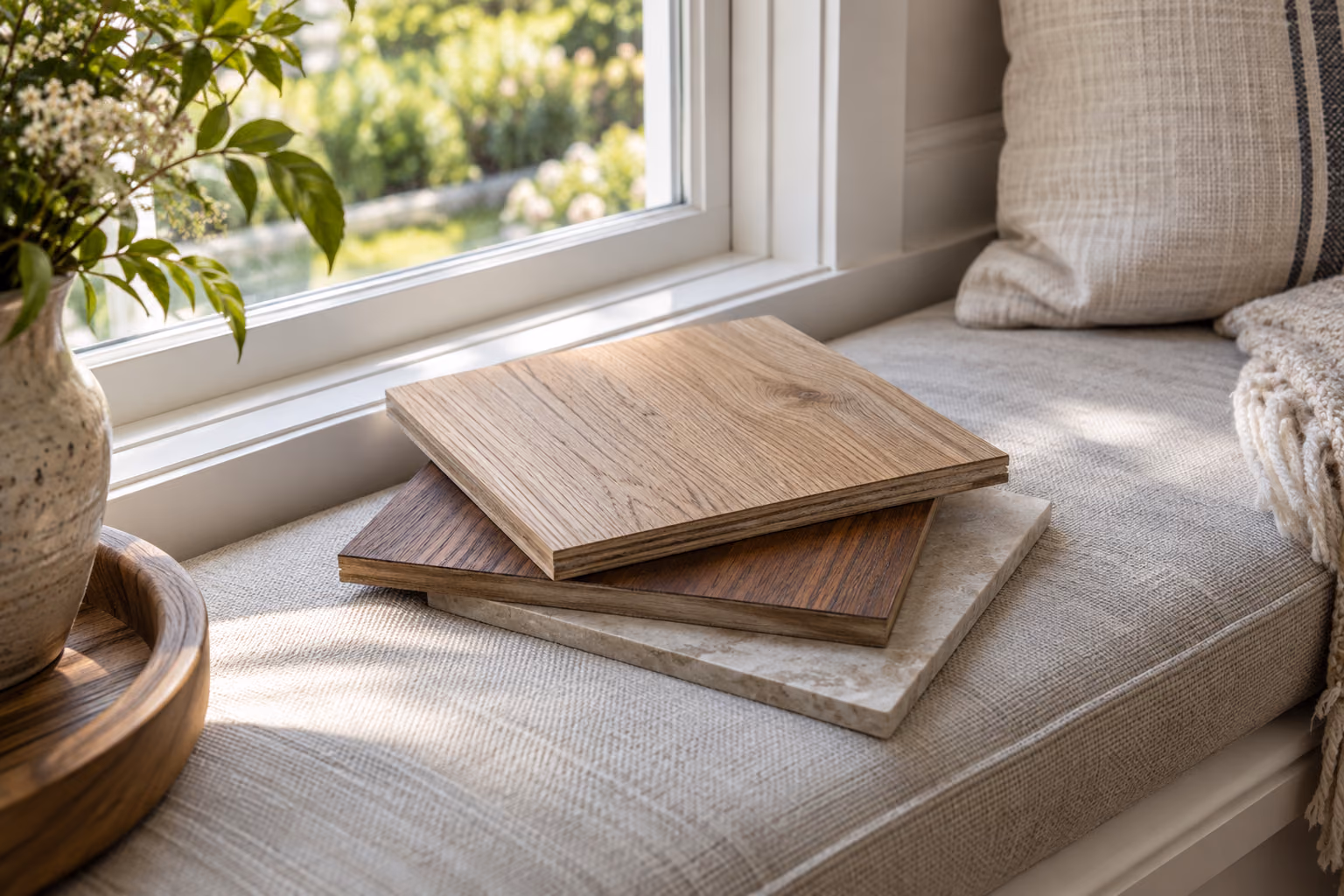 Wood and stone samples on a sunlit window seat.