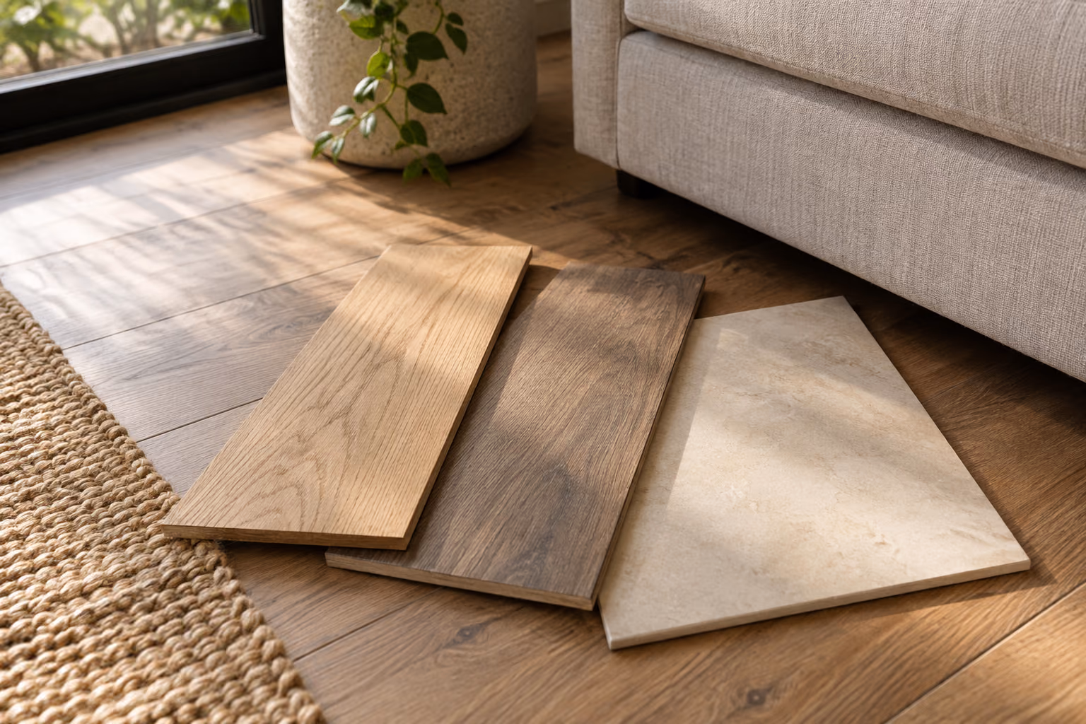 Wood, vinyl and tile samples compared in a furnished room.