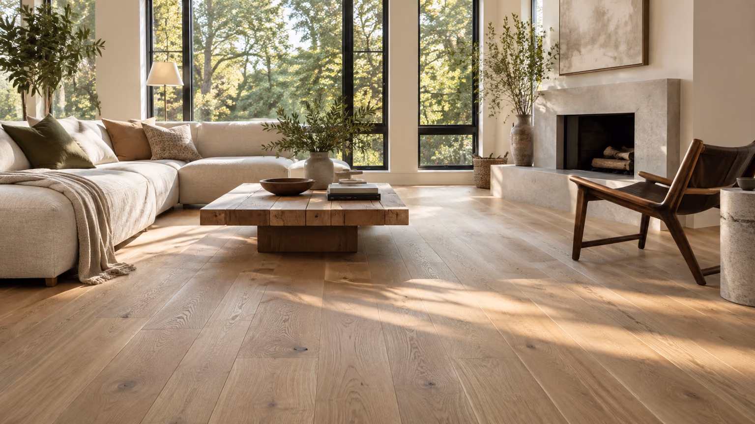 Sunlit living room with natural oak planks and cream seating.