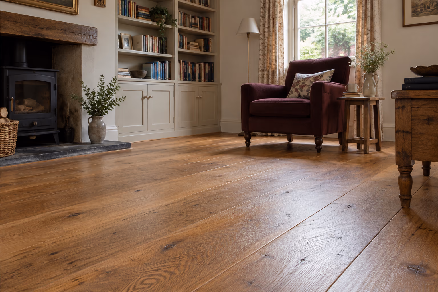 Warm oak flooring and built-in shelves in a characterful sitting room