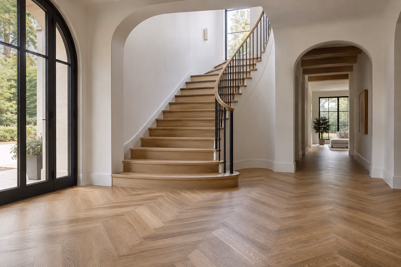 Oak stair treads meeting a herringbone foyer floor.