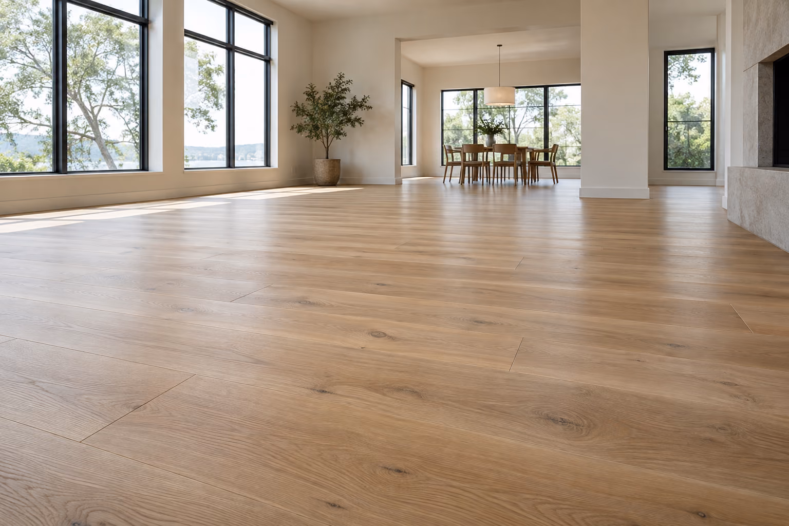 New oak flooring extending through an open living space.