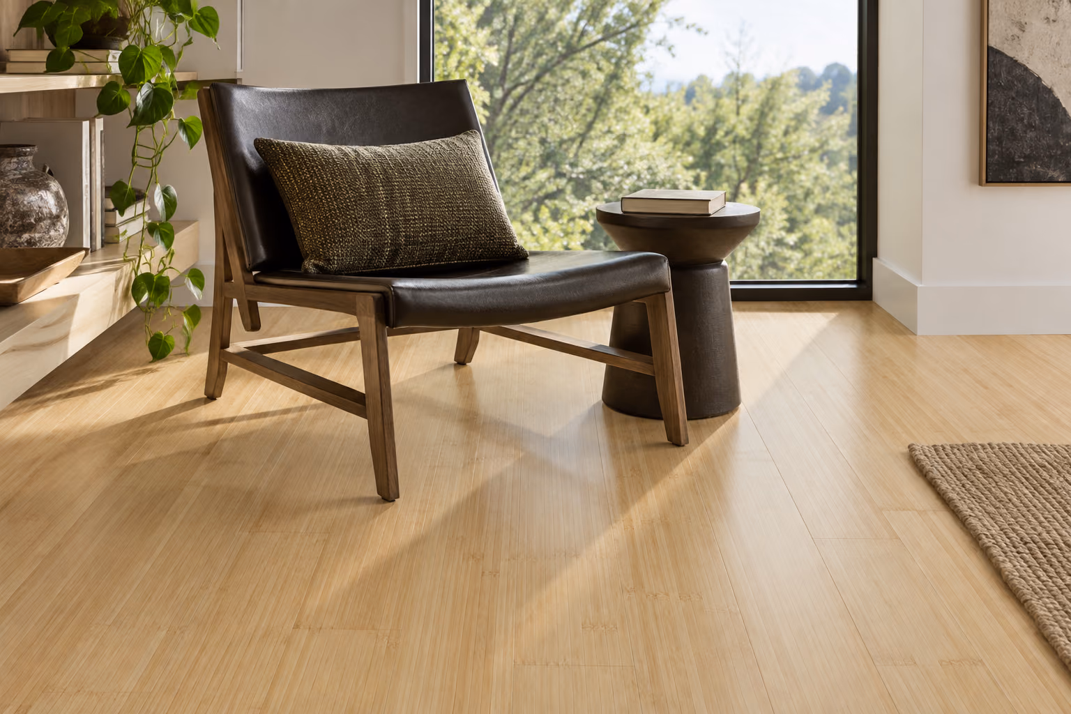 Pale bamboo flooring in a sunlit reading corner.