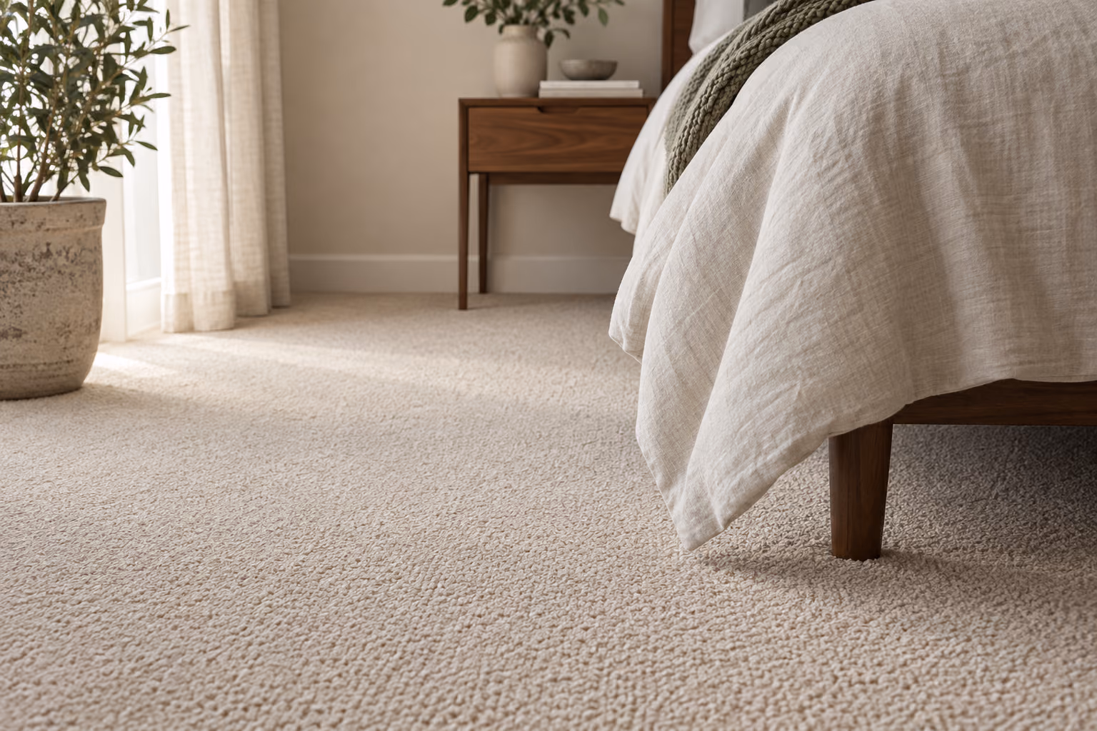Textured cream carpet beside a walnut bed frame.
