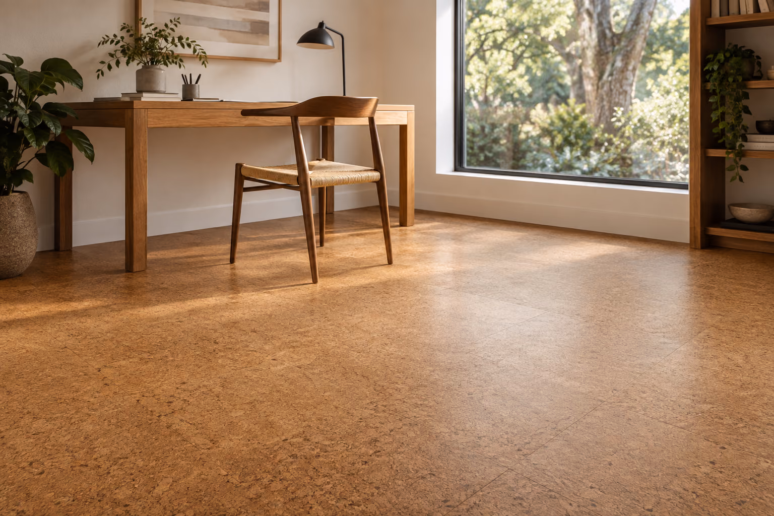 Warm cork flooring beneath a simple home-office desk.