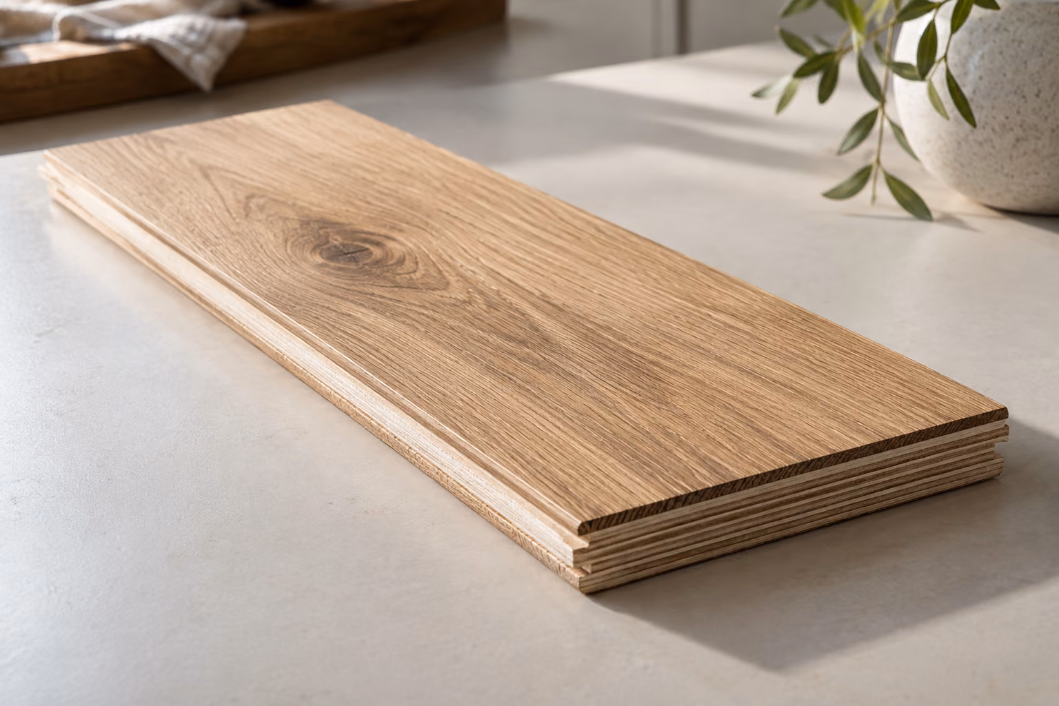 An engineered wood sample showing its oak surface and layered edge.