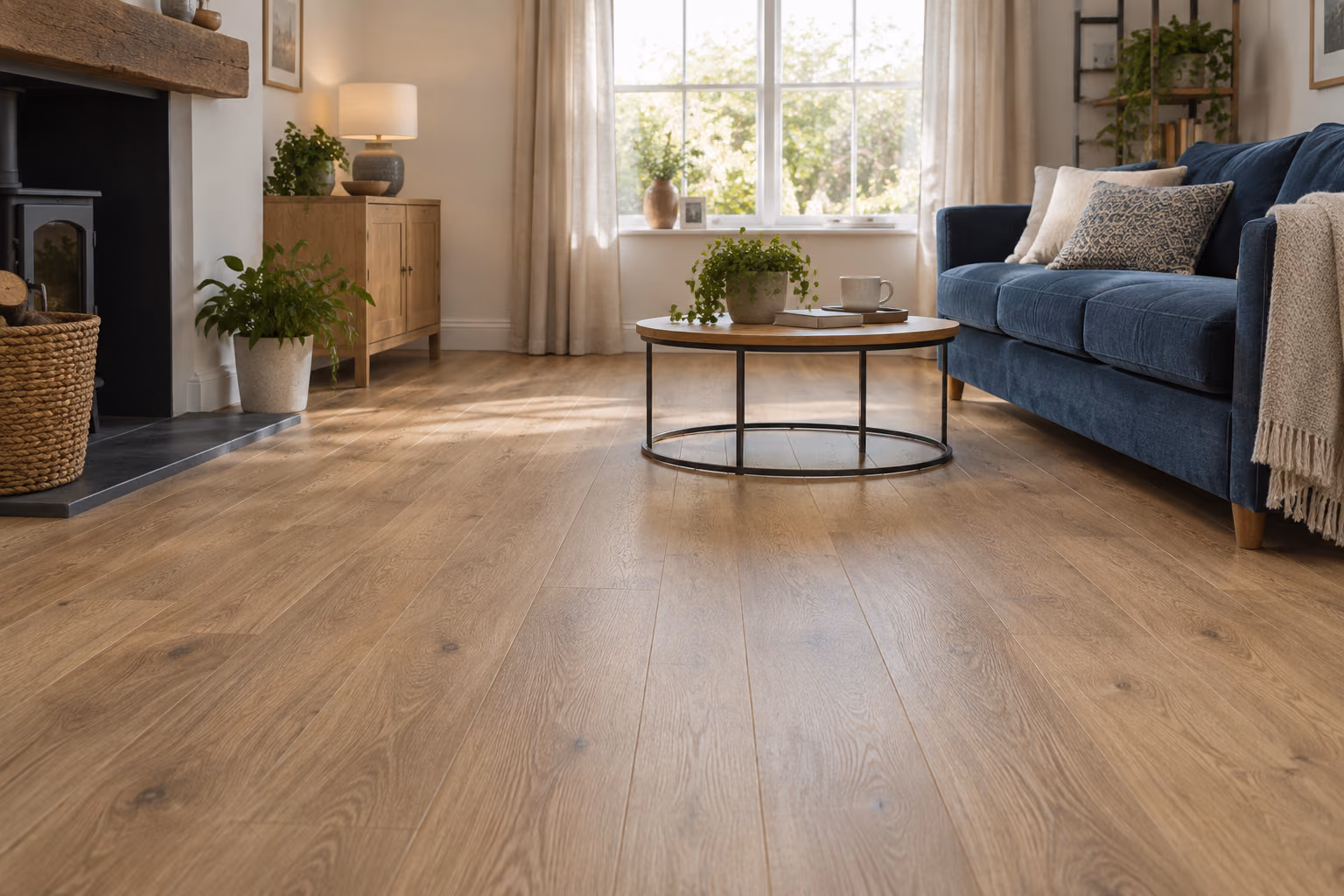 Oak-look laminate flooring beside a blue fabric sofa.