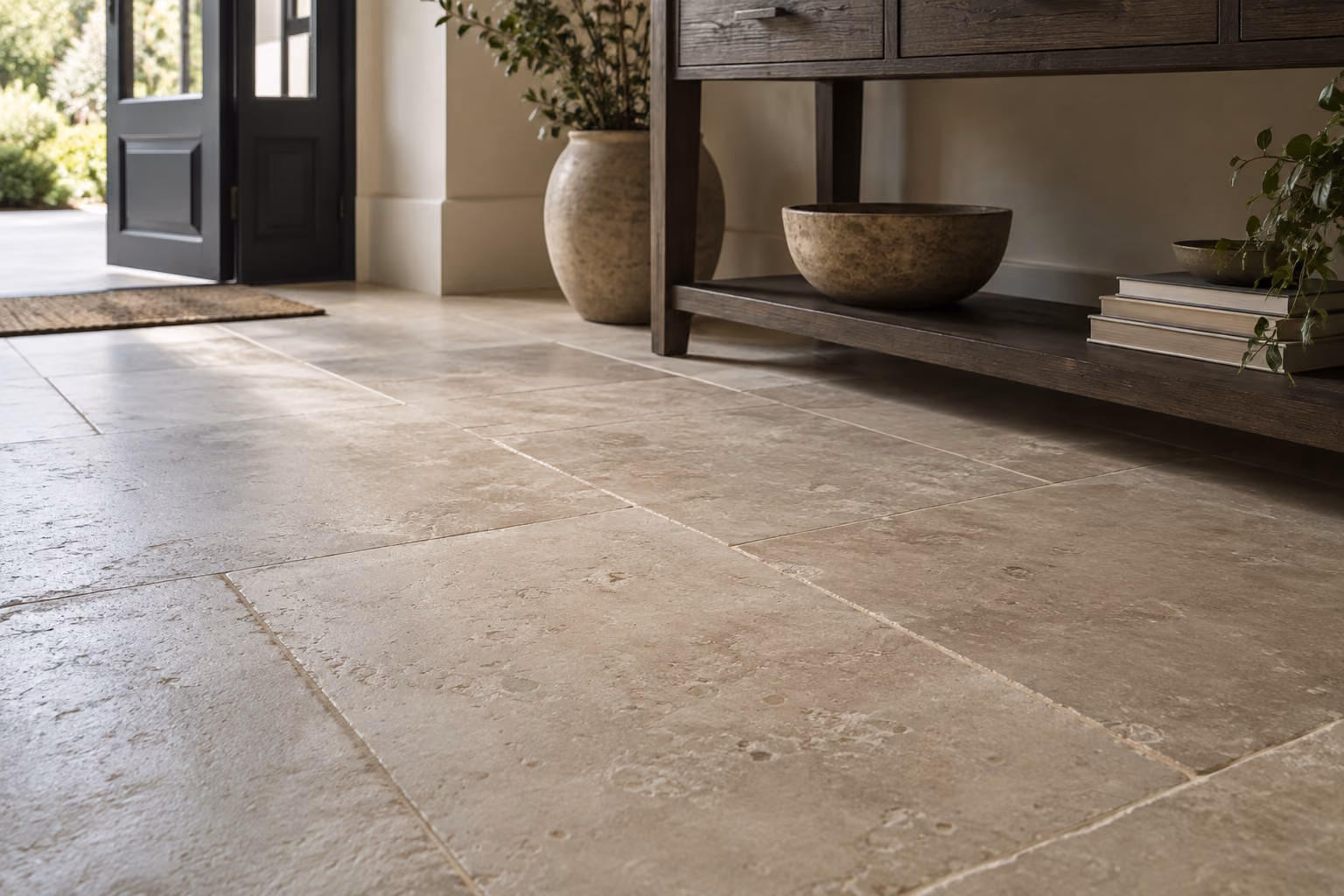 Honed limestone tiles with natural tonal variation.
