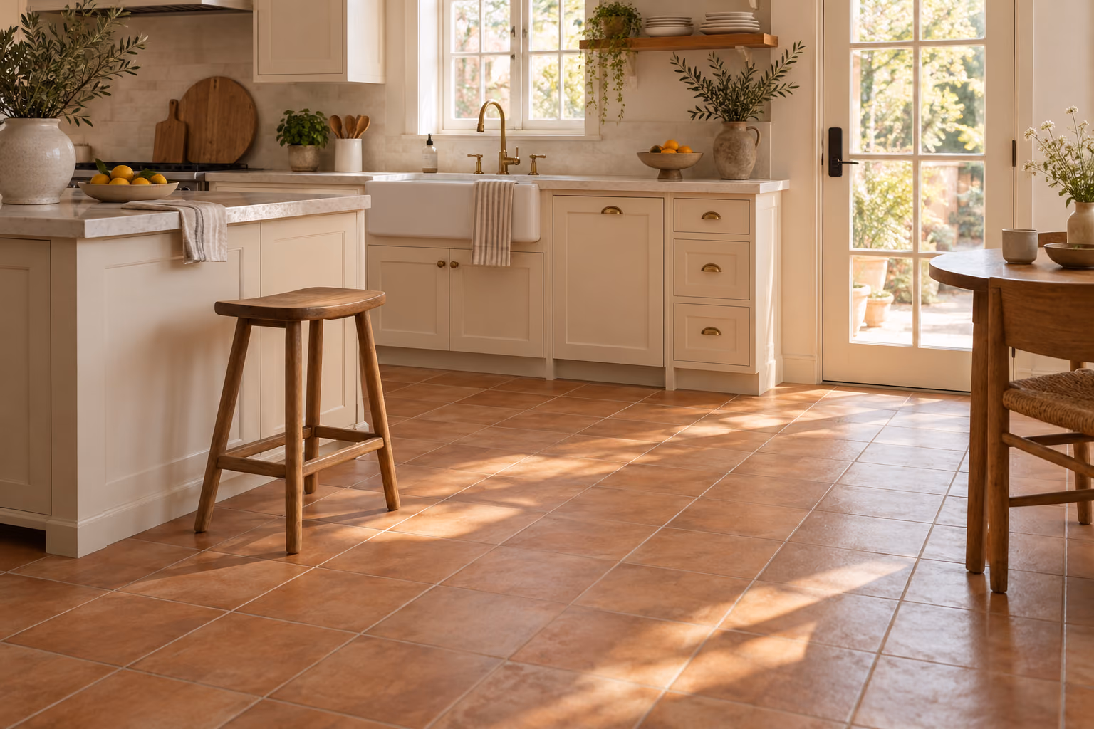 Terracotta-toned tile flooring in a cream kitchen.