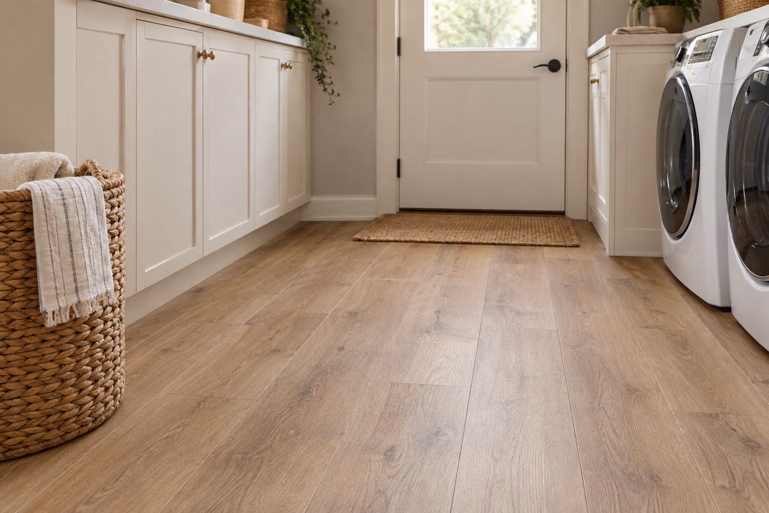 Wood-look vinyl planks in a light utility room.