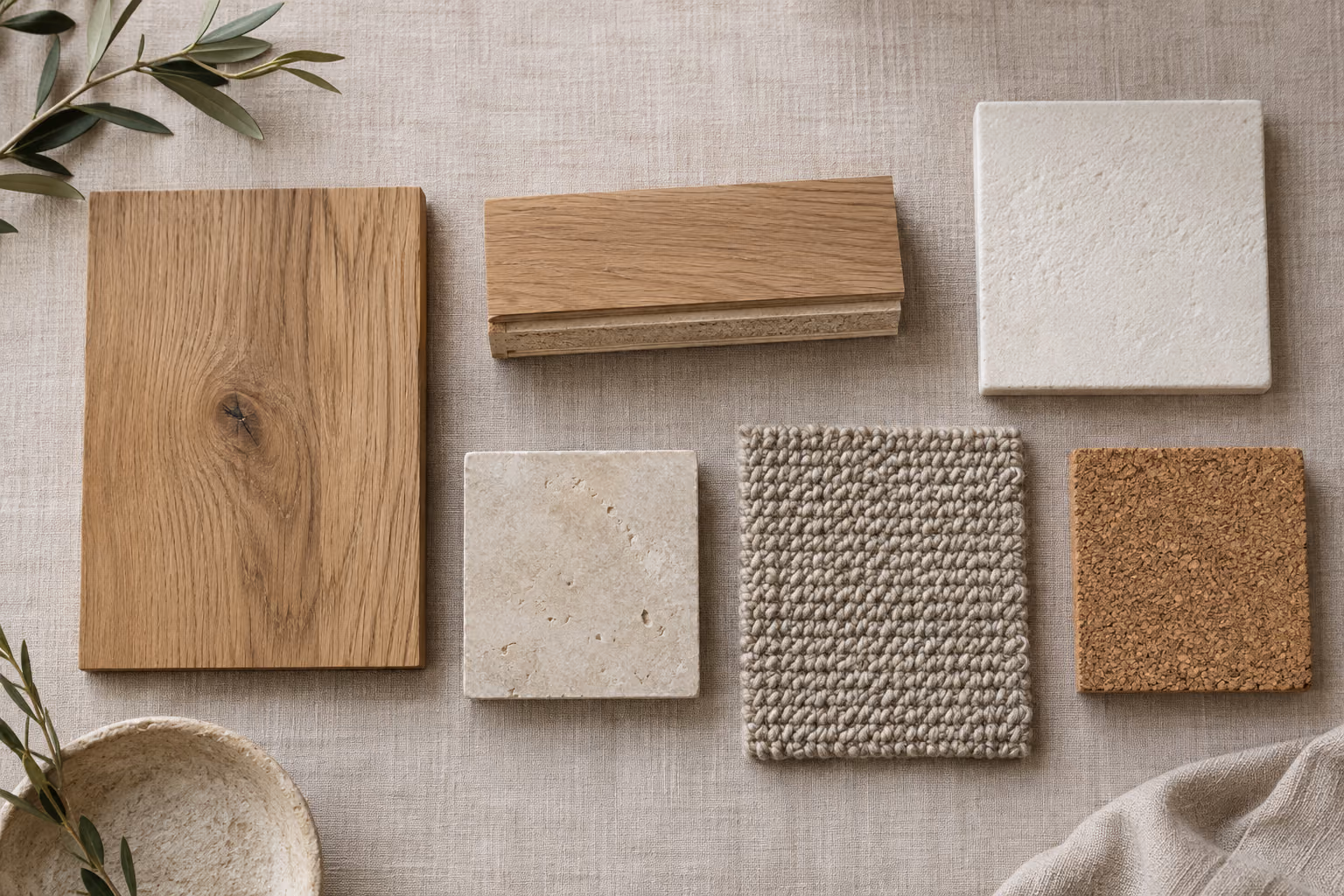 A tabletop selection of wood, tile, stone, cork and carpet samples.