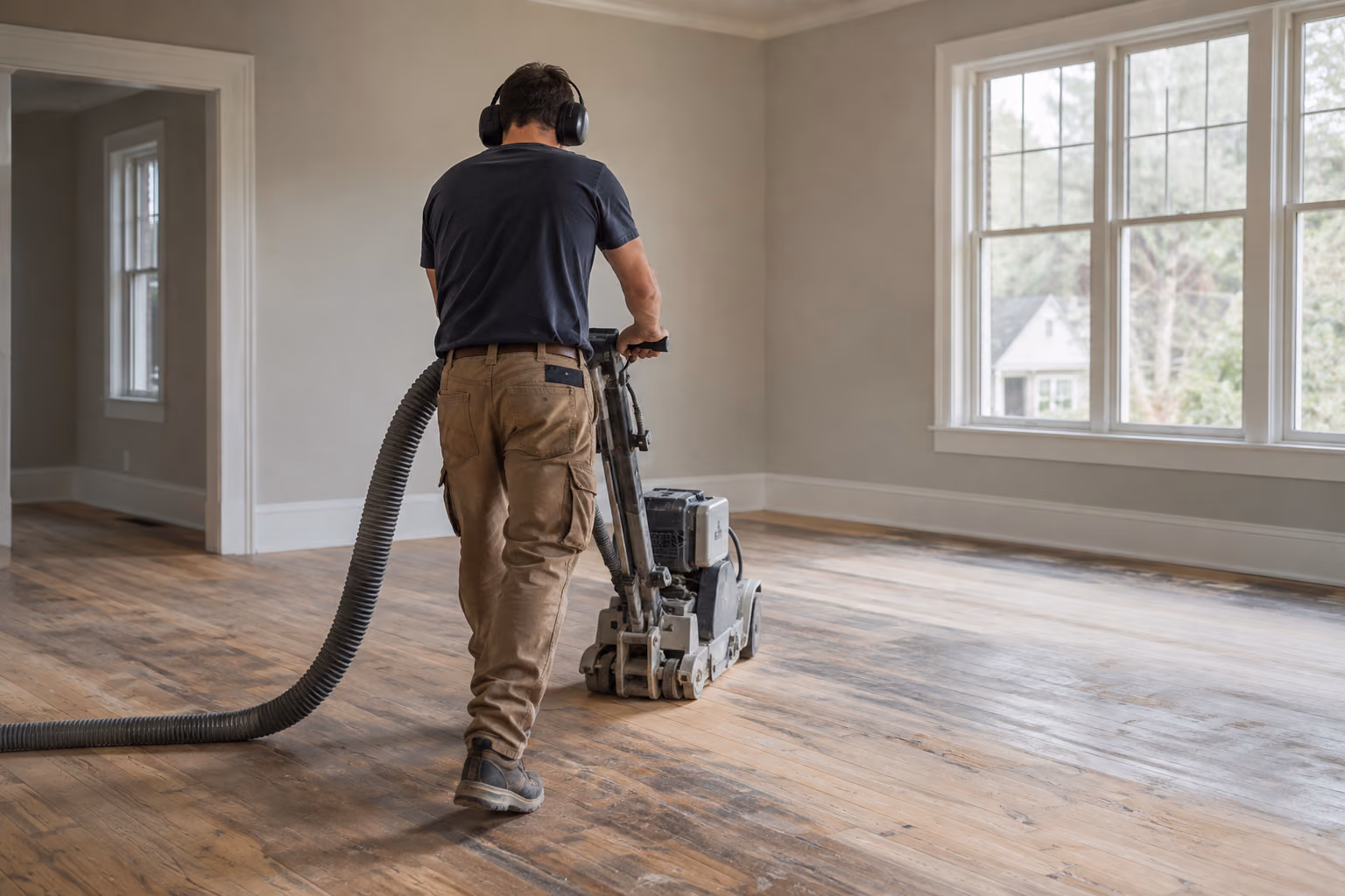 Floor sanding equipment connected to a dust collection hose.