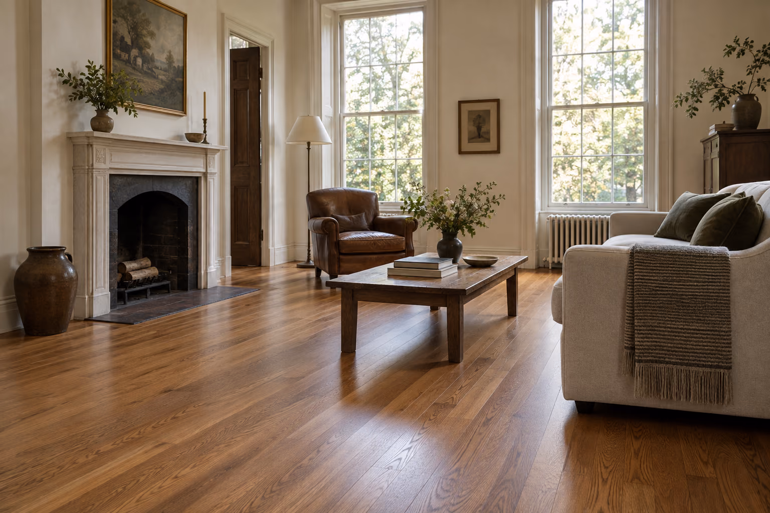 Satin-finished oak flooring in an older home.