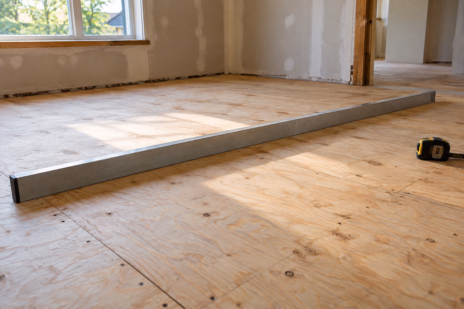 A straightedge resting across a prepared wood subfloor.