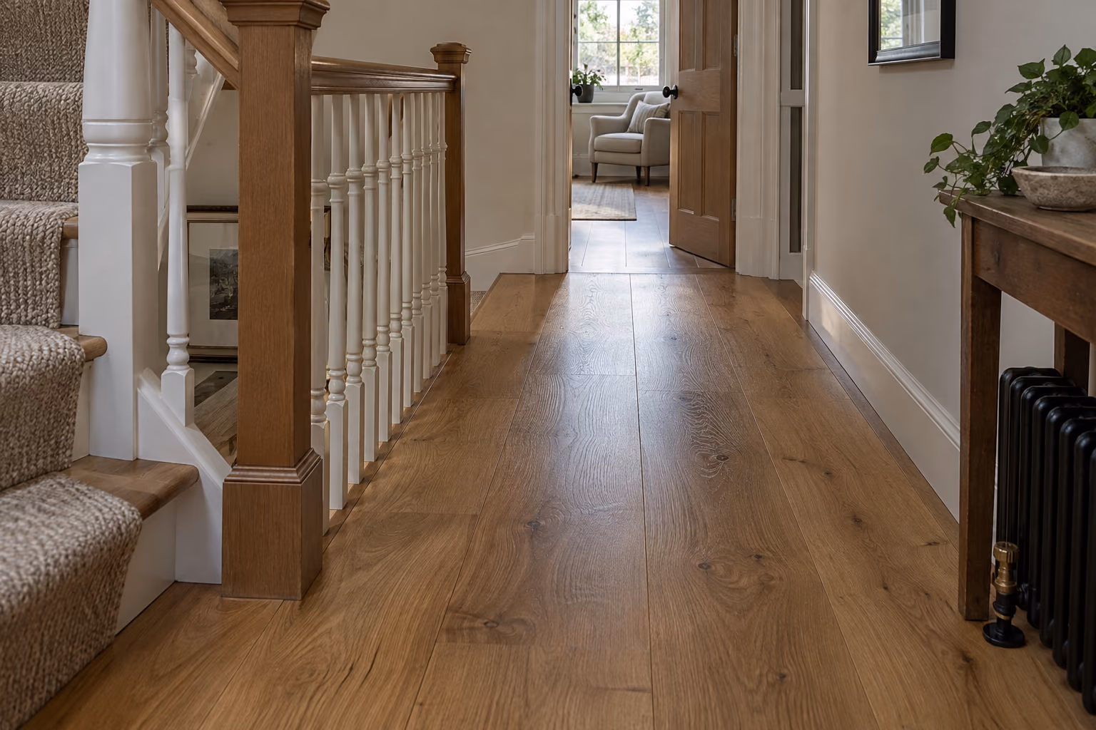 Continuous oak flooring beside a stair landing.