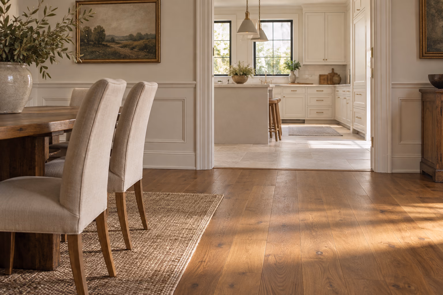 Wood and tile floors meeting between a dining room and kitchen.