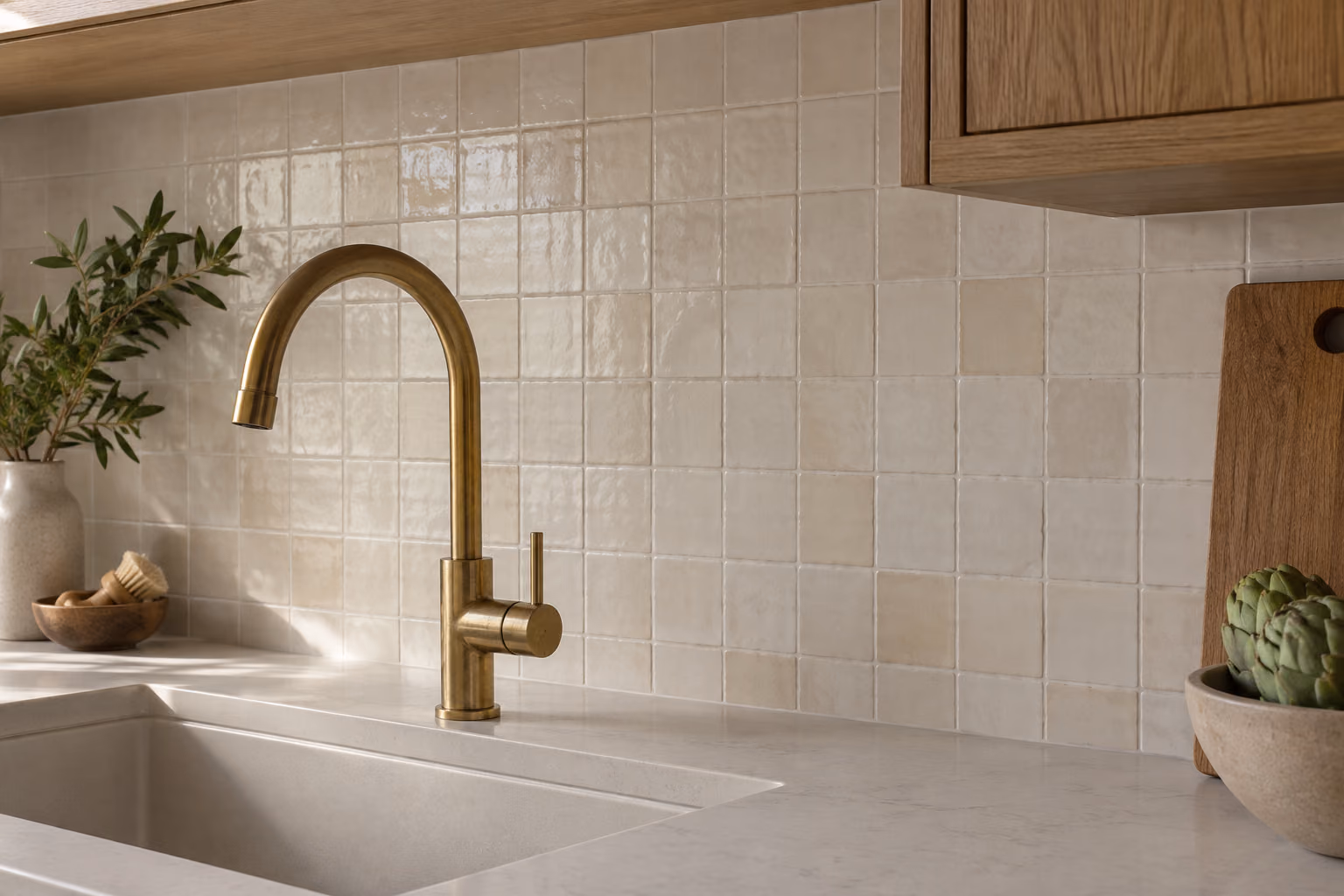 Warm ceramic backsplash tiles with a brass kitchen faucet.