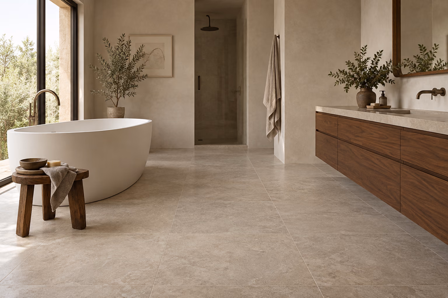Pale porcelain tile across a bathroom floor beside a walnut vanity.