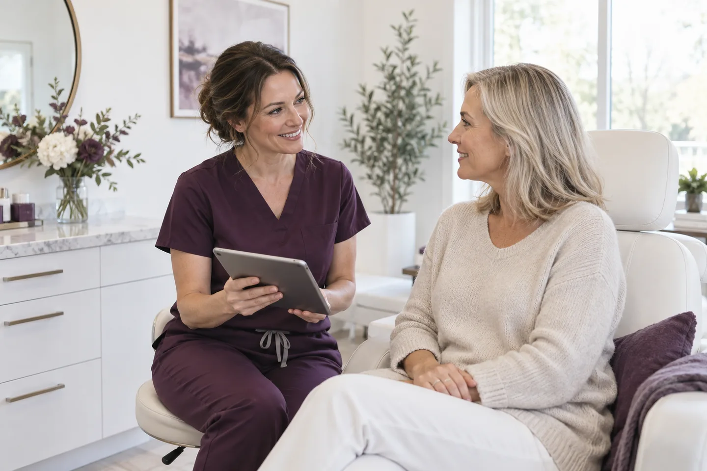A provider and visitor talking together in a bright consultation room