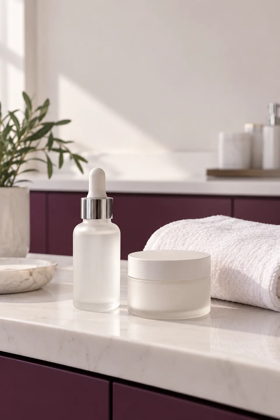 A serum bottle, moisturizer and towel on a skincare countertop