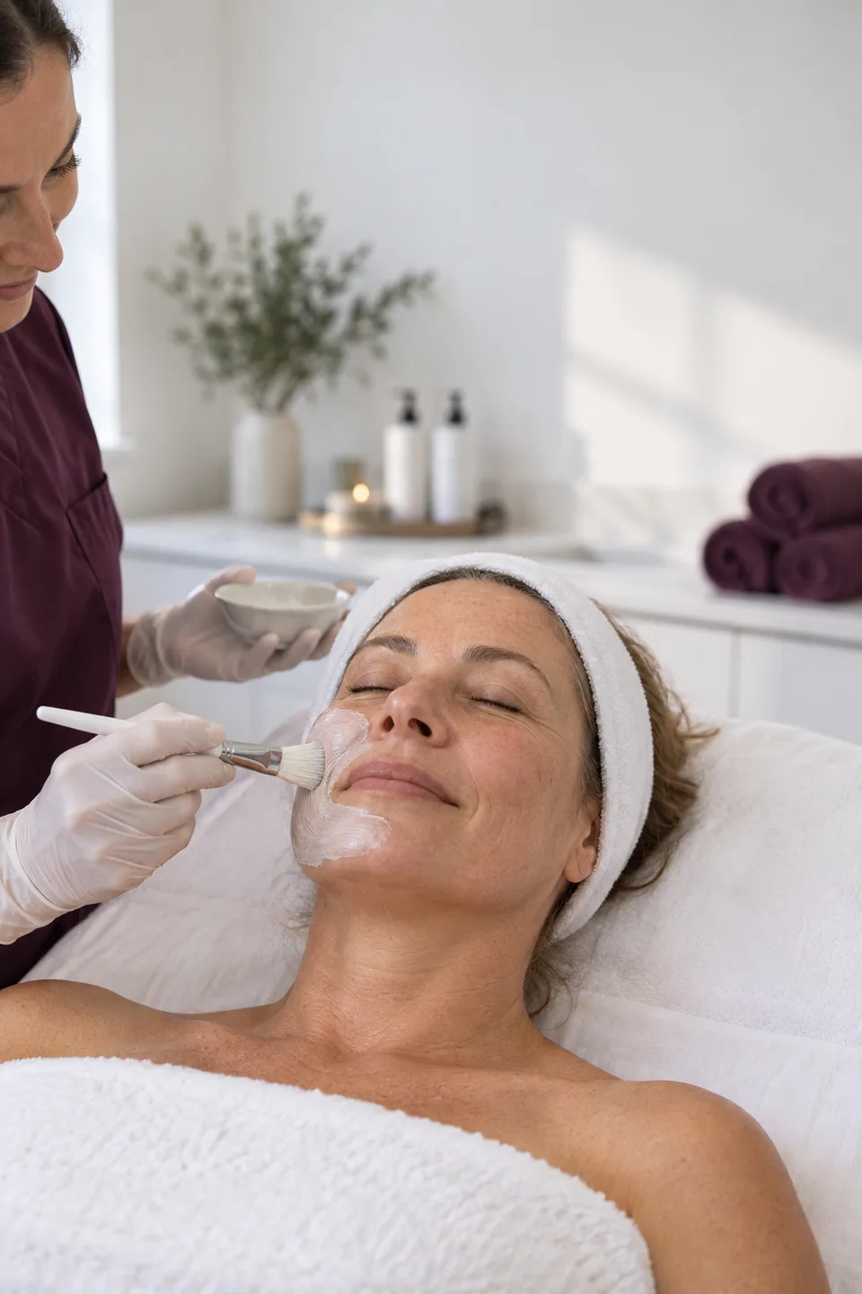 A provider applying a facial product with a brush