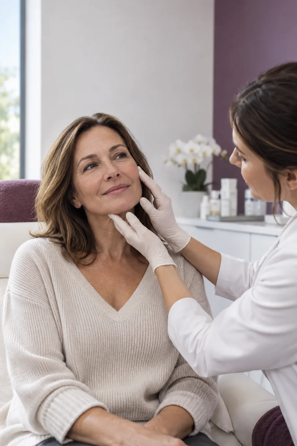 A provider assessing a visitor’s face during a consultation
