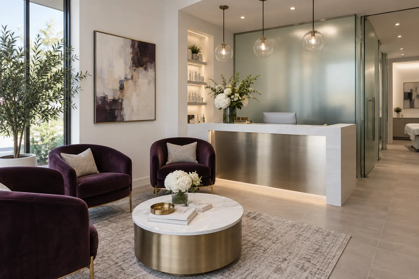 A bright reception space with plum chairs and frosted glass