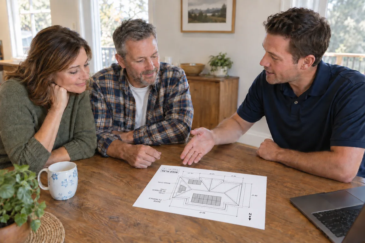 Homeowners discussing a rooftop solar plan with a consultant