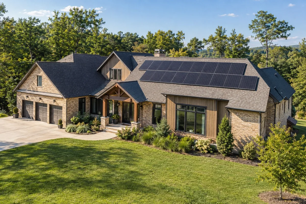 Solar-equipped brick home in direct sunlight