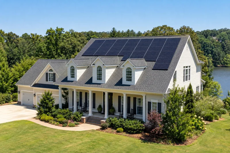 White Southern home with solar panels above its dormers