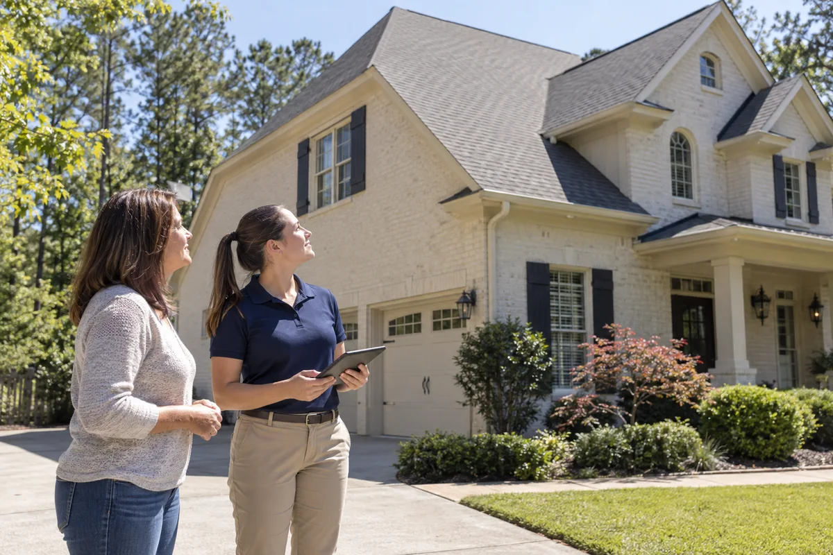 A solar assessor and homeowner examining the roof from the driveway