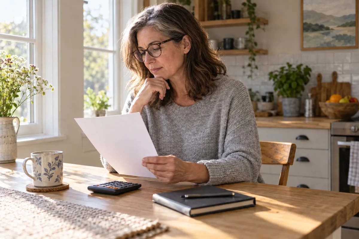A homeowner reviewing household paperwork beside a calculator