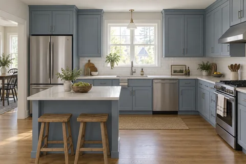 Dusty blue painted kitchen cabinets with pale countertops.