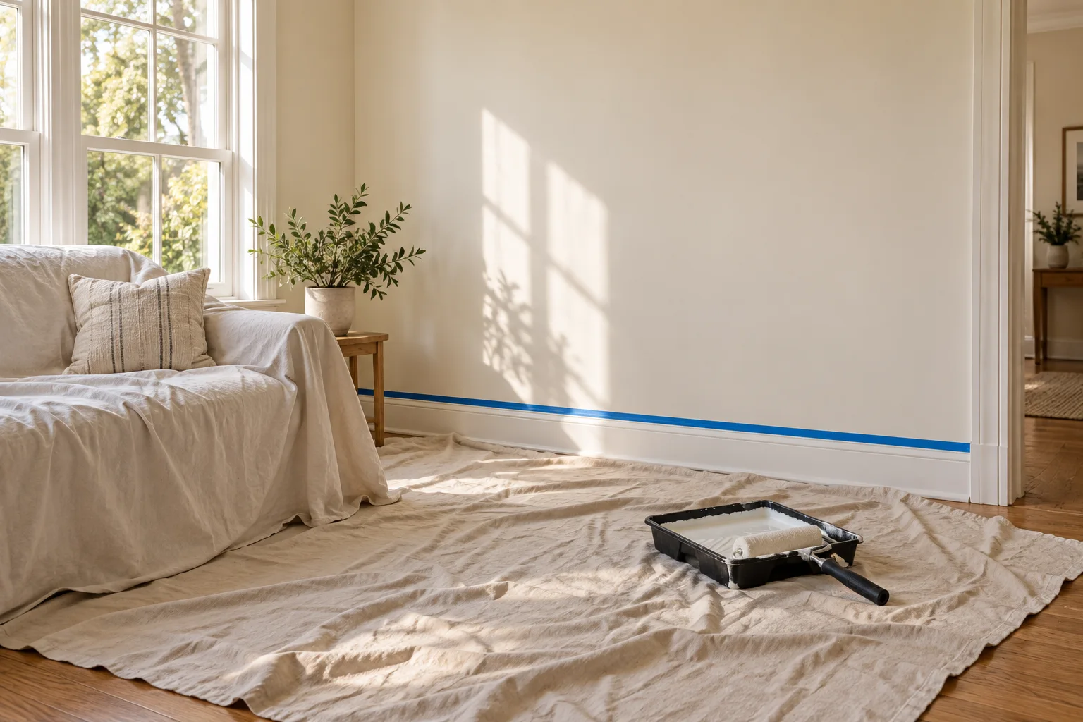 A room prepared for painting with covered furniture, a canvas floor covering and taped trim.