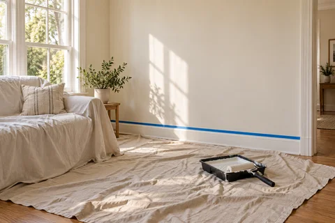 A room prepared for painting with covered furniture, a canvas floor covering and taped trim.