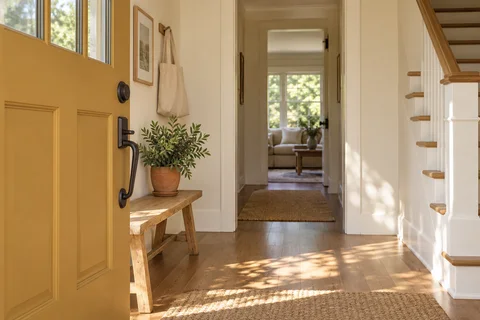 Ochre front door opening into a warm cream hallway.
