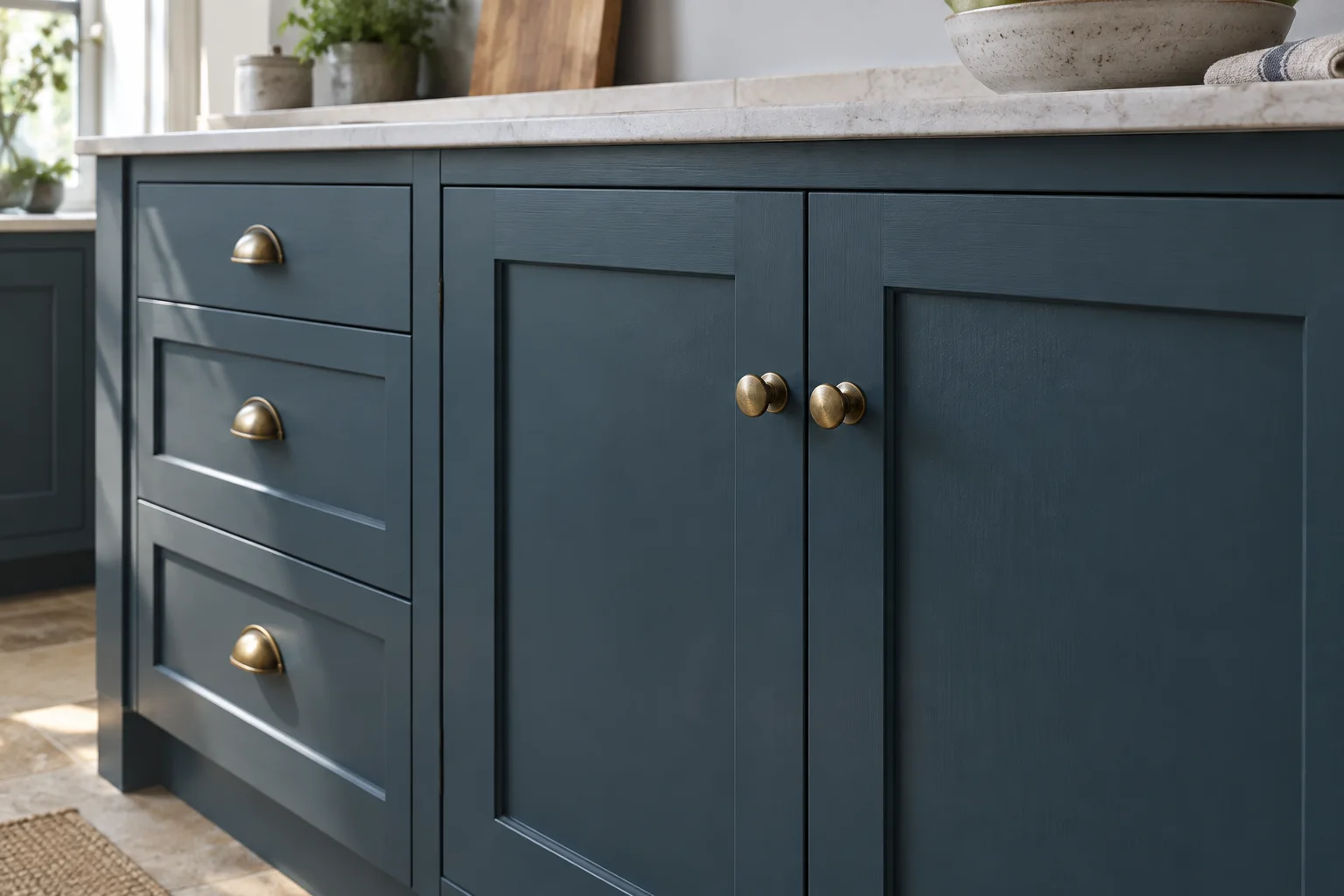 Petrol blue cabinet doors and drawers with small brass handles.