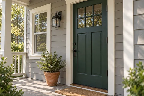 Warm gray porch siding, ivory trim and a green door.