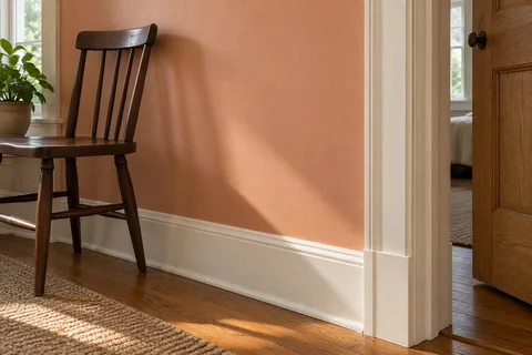 Warm peach wall and clean ivory trim beside a dark wood chair.