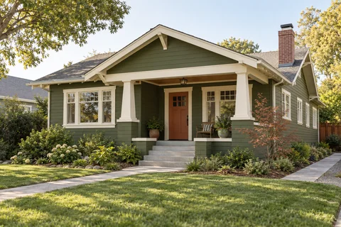 Olive green craftsman home with cream trim and a terracotta front door.