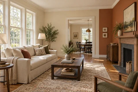 Sunlight across an ivory living room with a warm terracotta accent wall.