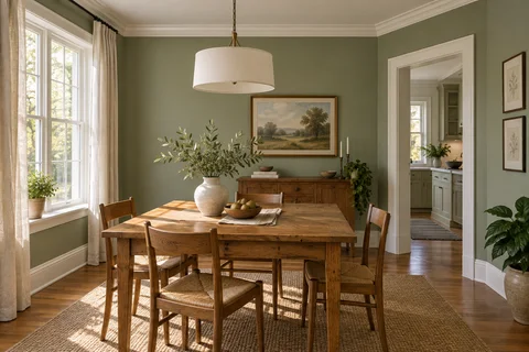 Sage green dining room with ivory trim and oak furniture.